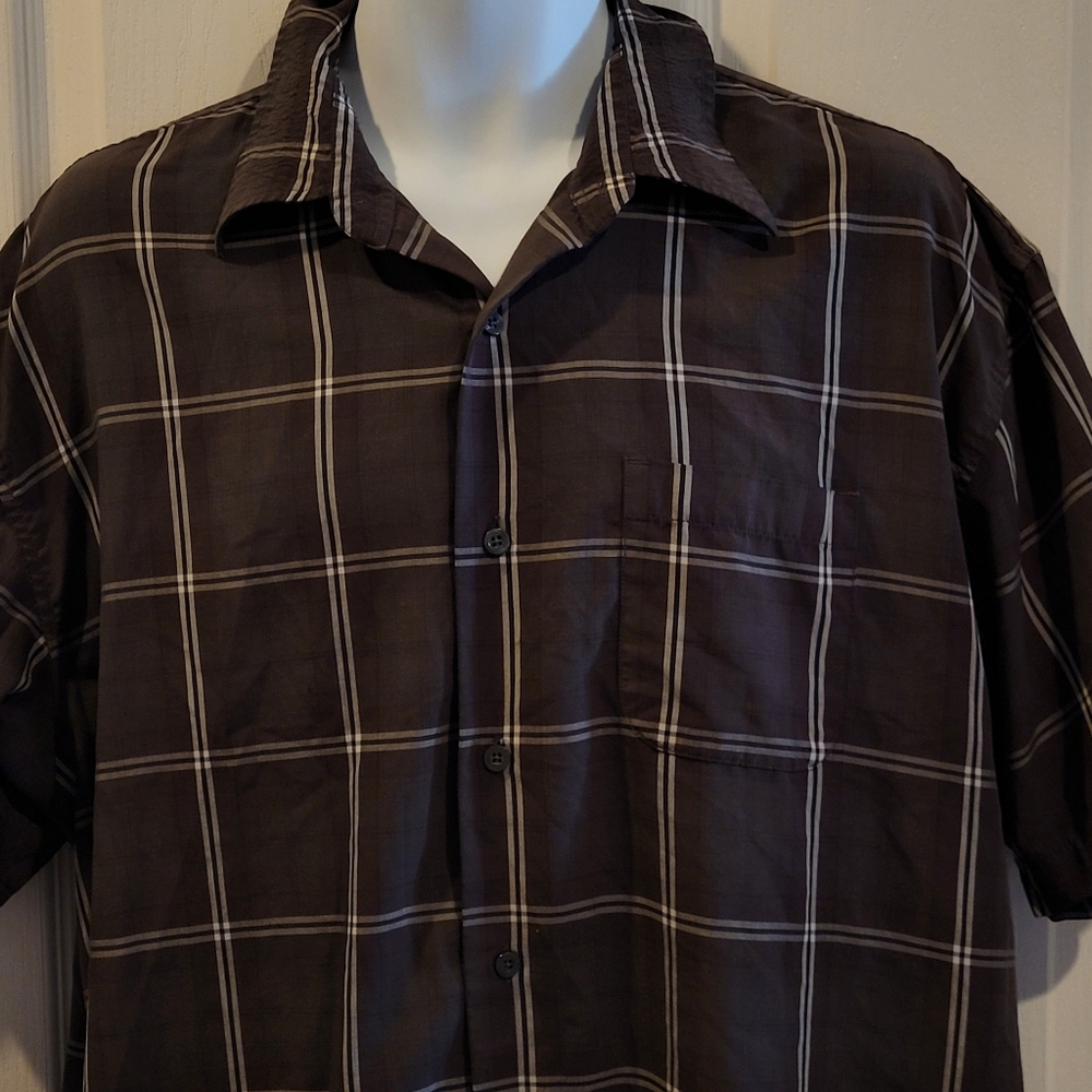 Woody's Retro Lounge Shirt Men's Size XXL 2X Brown White Plaid Print Button Down